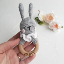 Bunny Baby First Toy, New Mom Gift Package, Personalized For Boy, Woodland Shower Gift, Forest Animal Toy Newborn - thumbnail 2