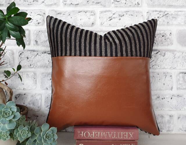 Ready To Ship /16x16''(42x42cm Terracotta Faux Leather & Stripped Chenille Fabric Pillow Cover -Home Decor /Housewarming Gift-1Qty - image 1
