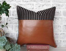 Ready To Ship /16x16''(42x42cm Terracotta Faux Leather & Stripped Chenille Fabric Pillow Cover -Home Decor /Housewarming Gift-1Qty