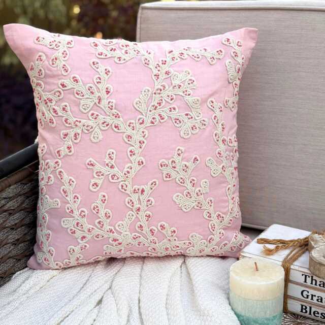 "Pink Cotton Linen Beaded & Lace Work Throw Pillow Cover, 16""x16" - image 1