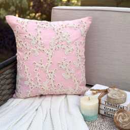"Pink Cotton Linen Beaded & Lace Work Throw Pillow Cover, 16""x16" - thumbnail 2