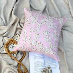 "Pink Cotton Linen Beaded & Lace Work Throw Pillow Cover, 16""x16" - thumbnail 3