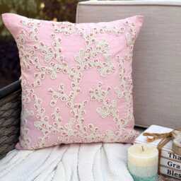 "Pink Cotton Linen Beaded & Lace Work Throw Pillow Cover, 16""x16" - thumbnail 1