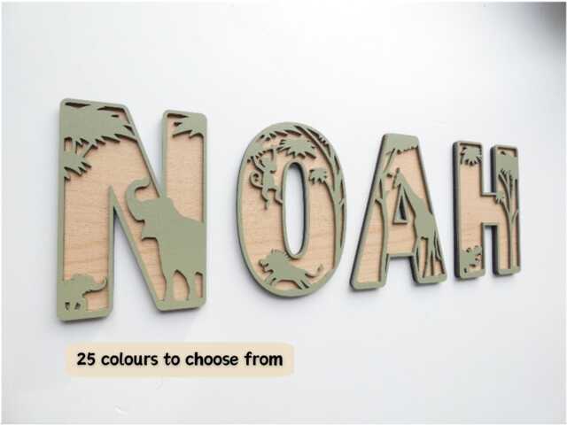 Safari Themed Wooden Letters - Wild Jungle Animal Theme Name Decoration Personalised Sign Children's Bedroom Playroom Wall Art - image 1