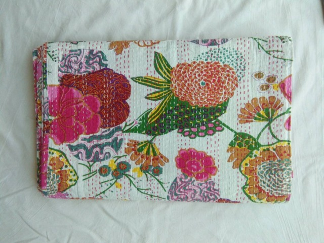 Indian Throw Floral Print Kantha Quilt Bedspread , Perfect Bed Matching For Your Bedroom - image 1
