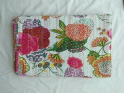 Indian Throw Floral Print Kantha Quilt Bedspread , Perfect Bed Matching For Your Bedroom - thumbnail 1