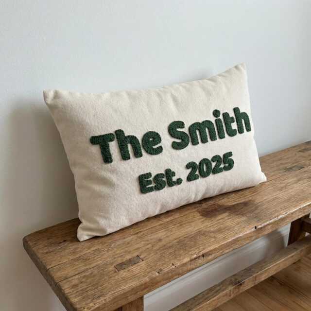 Personalized Family Name Punch Needle Pillow, Wedding Gift, Custom Embroidered Engagement, Housewarming Anniversary Decor - image 1