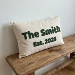 Personalized Family Name Punch Needle Pillow, Wedding Gift, Custom Embroidered Engagement, Housewarming Anniversary Decor - thumbnail 1