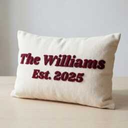 Personalized Family Name Punch Needle Pillow, Wedding Gift, Custom Embroidered Engagement, Housewarming Anniversary Decor - thumbnail 2