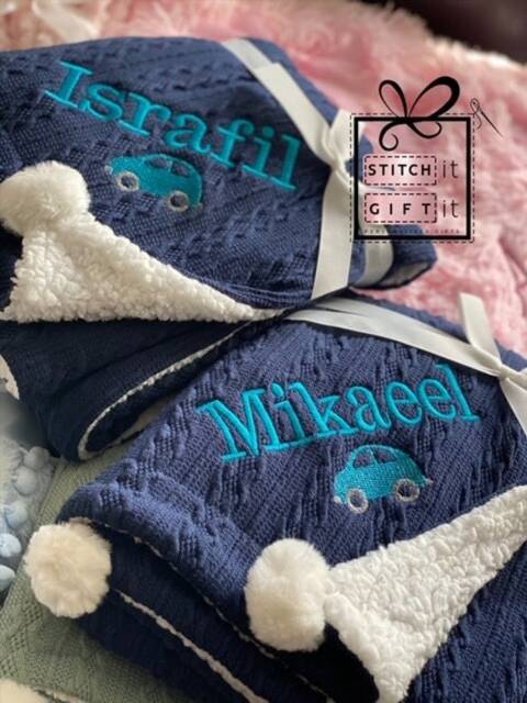 Personalised Baby Cable Knitted Navy Blue Car Nursery Blanket -Name Embroidered Pom Pom/Sherpa Reverse - image 1