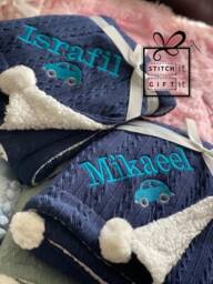 Personalised Baby Cable Knitted Navy Blue Car Nursery Blanket -Name Embroidered Pom Pom/Sherpa Reverse - thumbnail 1