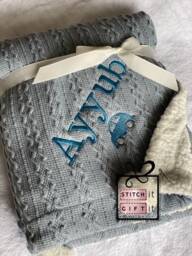 Personalised Baby Cable Knitted Navy Blue Car Nursery Blanket -Name Embroidered Pom Pom/Sherpa Reverse - thumbnail 2