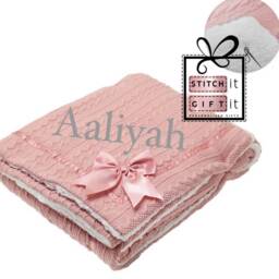 Personalised Baby Cable Knitted Navy Blue Car Nursery Blanket -Name Embroidered Pom Pom/Sherpa Reverse - thumbnail 3