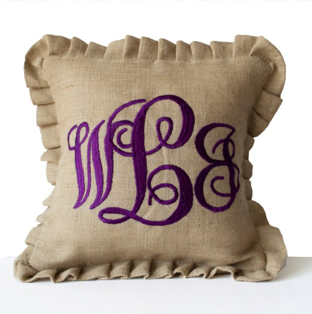 Monogrammed Pillows, Burlap Monogram Ruffle Cushion Cover, Initial Pillow, Ruffled Custom Rustic Country Decor Gift - image 1