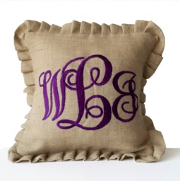 Monogrammed Pillows, Burlap Monogram Ruffle Cushion Cover, Initial Pillow, Ruffled Custom Rustic Country Decor Gift - thumbnail 1