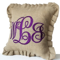 Monogrammed Pillows, Burlap Monogram Ruffle Cushion Cover, Initial Pillow, Ruffled Custom Rustic Country Decor Gift - thumbnail 2