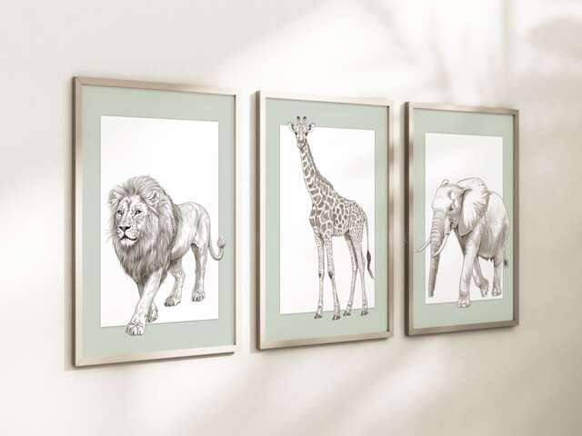 Safari Elephant Giraffe Lion Animal Baby Girls Boys A4 Or A3 Nursery Unframed Personalised Prints Unisex Neutral Boho Beige Green Jungle - image 1