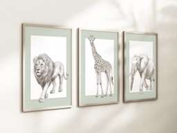 Safari Elephant Giraffe Lion Animal Baby Girls Boys A4 Or A3 Nursery Unframed Personalised Prints Unisex Neutral Boho Beige Green Jungle - thumbnail 1