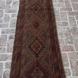 2'4x12'2 Turkmen Runner Rug - Vintage Hand-Knotted Wool Moshwani , Oriental Cozy Geometric Design Kitchen Hallway - thumbnail 3