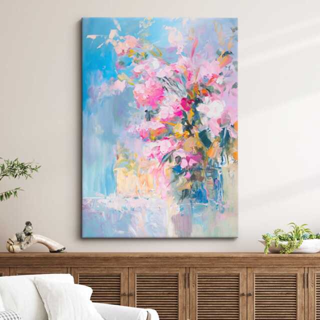 Abstract Floral Wall Art Print Blush Pink Peony Bouquet Pastel Teal Modern Canvas Or Black Framed Decor For Living Room - image 1
