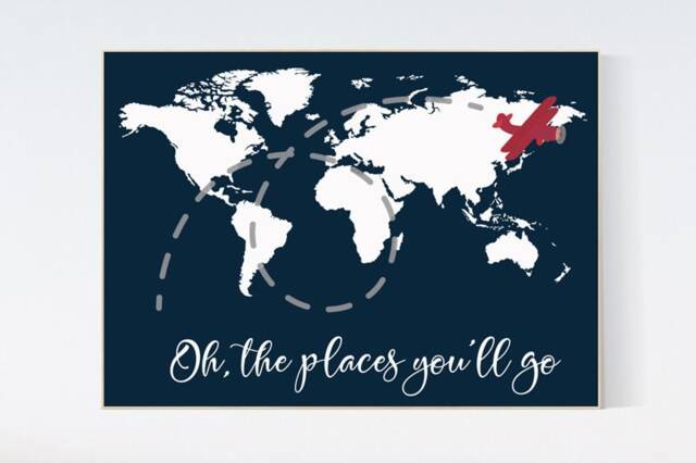 Navy World Map Nursery Decor Travel Theme Wall Art - image 1