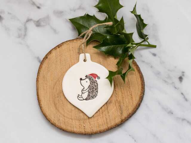 Hedgehog With Santa Hat, Handmade Ceramic Christmas Decoration, Gift For Lover, Xmas Bauble - image 1