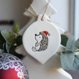 Hedgehog With Santa Hat, Handmade Ceramic Christmas Decoration, Gift For Lover, Xmas Bauble - thumbnail 2