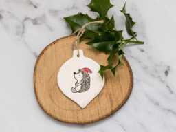 Hedgehog With Santa Hat, Handmade Ceramic Christmas Decoration, Gift For Lover, Xmas Bauble