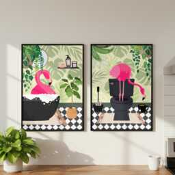 Flamingo Bathroom Prints, Bath & Toilet Art, Set Of Two Green Prints - thumbnail 1