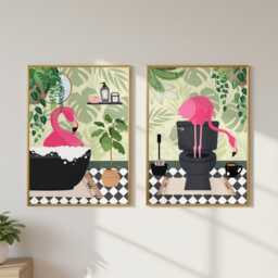 Flamingo Bathroom Prints, Bath & Toilet Art, Set Of Two Green Prints - thumbnail 3