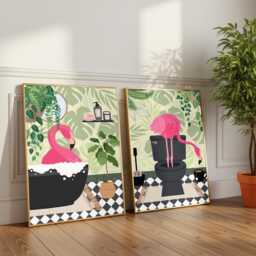 Flamingo Bathroom Prints, Bath & Toilet Art, Set Of Two Green Prints - thumbnail 2