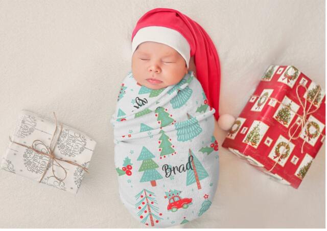 Christmas Swaddle Blanket, Baby First Christmas, Personalized Name Birth Announcement Photo Prop - image 1