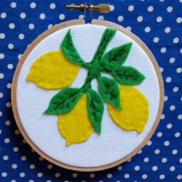 Lemon Wall Hanging. Handmade Fruit Kitchen Decor in Embroidery Hoop - thumbnail 1