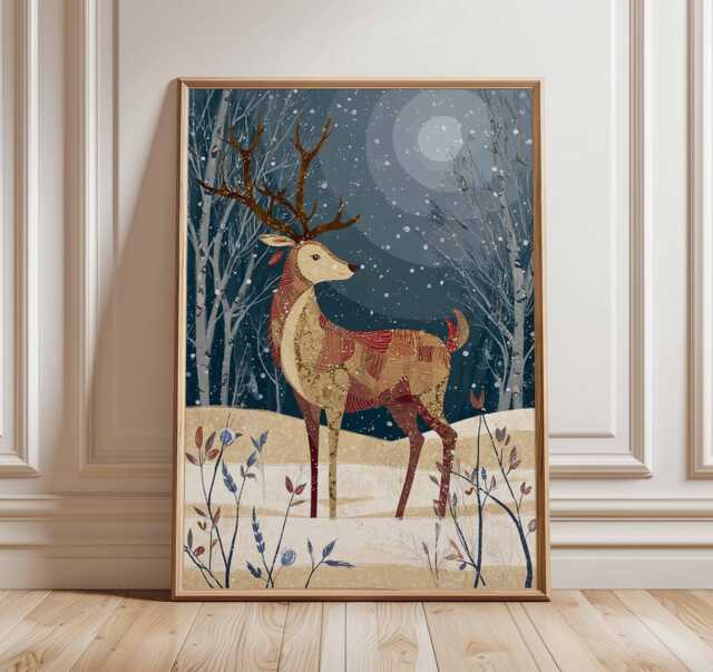 Christmas Deer Poster, Illustration Style Holiday Wall Art, Winter Forest Decor, Snowy Night Festive Print, Gift Artwork - image 1