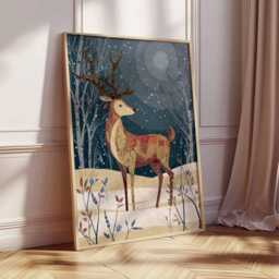 Christmas Deer Poster, Illustration Style Holiday Wall Art, Winter Forest Decor, Snowy Night Festive Print, Gift Artwork - thumbnail 2