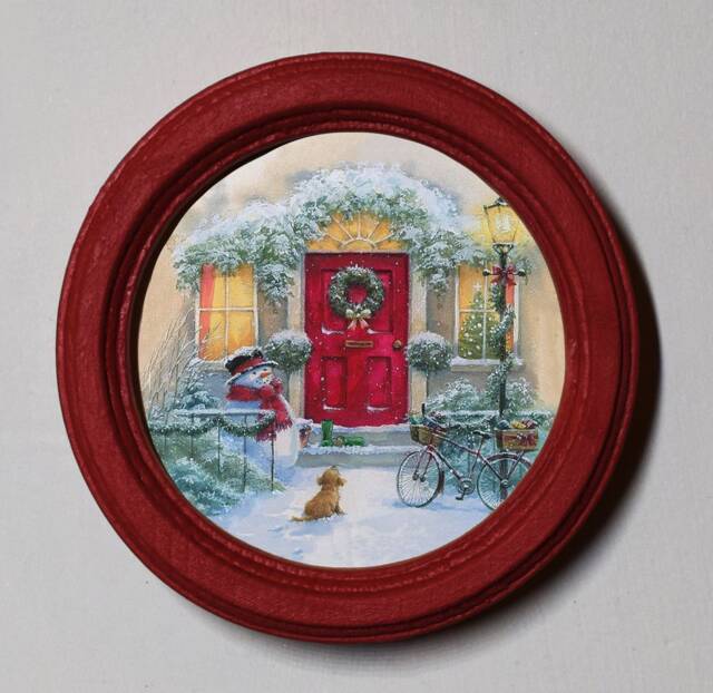 Handmade Christmas Picture, Red Wood Frame, Winter Home Decor - image 1