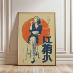 Japanese Pop-Art Print With Seated Woman Illustration in Orange & Navy Tones - thumbnail 2