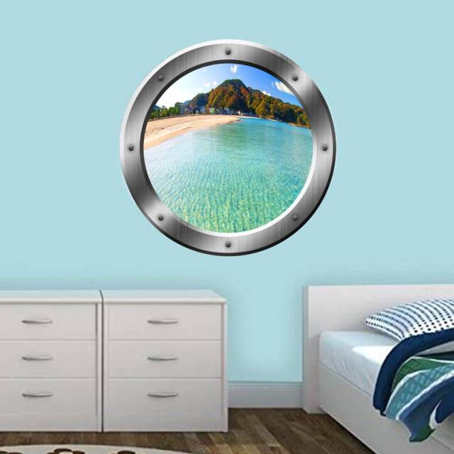 Beach Scene Wall Decal - Peel & Stick Ship Window Porthole Ocean Art Sticker & Mural Decor Vwaq Sp17 - image 1