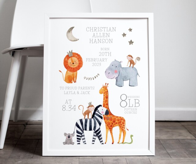 Personalised Safari Animals Print, Including Birth Details, New Baby Gift, Featuring Elephants, Giraffes & Lions, Stars Moon - image 1