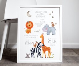Personalised Safari Animals Print, Including Birth Details, New Baby Gift, Featuring Elephants, Giraffes & Lions, Stars Moon - thumbnail 1