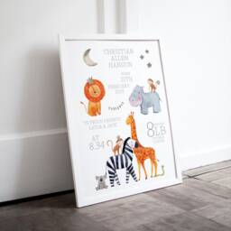 Personalised Safari Animals Print, Including Birth Details, New Baby Gift, Featuring Elephants, Giraffes & Lions, Stars Moon - thumbnail 2