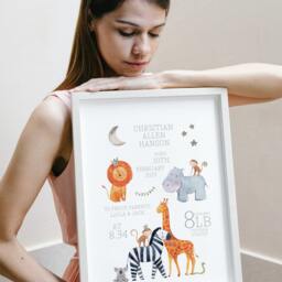 Personalised Safari Animals Print, Including Birth Details, New Baby Gift, Featuring Elephants, Giraffes & Lions, Stars Moon - thumbnail 3