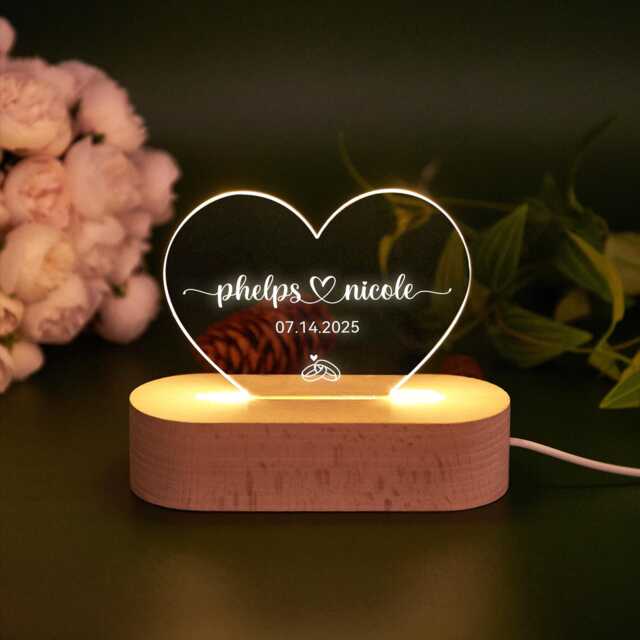 Custom Wedding Night Light, Led Heart Couple Name Anniversary Gifts, Newlyweds Bedroom Lamp, Gift For Girlfriend, Just Married - image 1