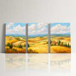 Tuscany Rolling Hills 3 Panel Split Canvas Wall Art Cypress Trees Golden Light Italian Countryside Oil Painting Framed Home Decor - thumbnail 3