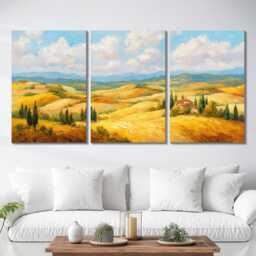 Tuscany Rolling Hills 3 Panel Split Canvas Wall Art Cypress Trees Golden Light Italian Countryside Oil Painting Framed Home Decor - thumbnail 2
