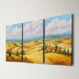Tuscany Rolling Hills 3 Panel Split Canvas Wall Art Cypress Trees Golden Light Italian Countryside Oil Painting Framed Home Decor