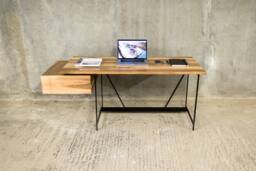 Solid Walnut Desk - Floating Drawer, Matte Black Steel Base