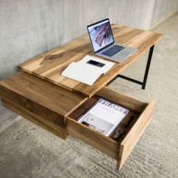 Solid Walnut Desk - Floating Drawer, Matte Black Steel Base - thumbnail 3