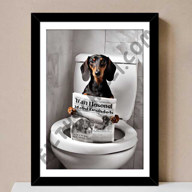 Funny Dachshund Bathroom Print, Sausage Dog On Toilet - image 1