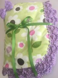Daisy Flower Minky Sherpa Baby Blanket - Green With Pink Lavender & White Daisies Crochet Trim - thumbnail 1